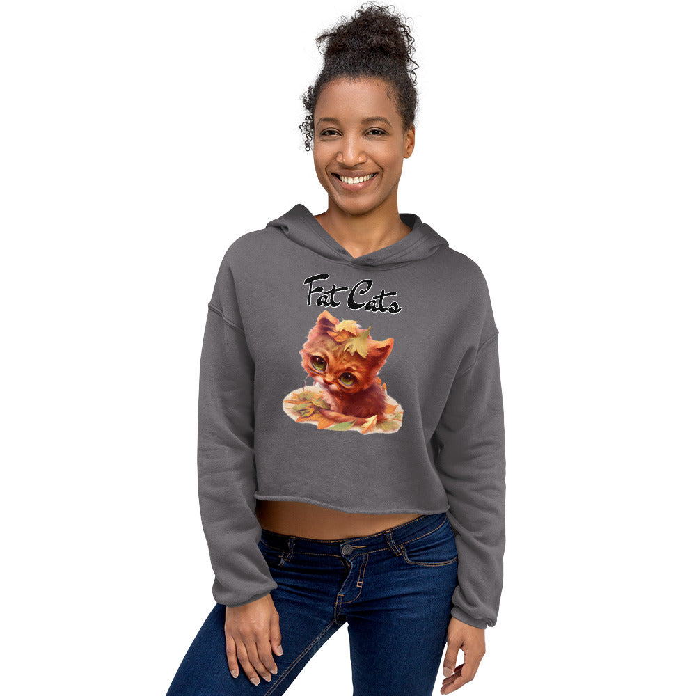 Women's Cropped Hoodie with Ginger Cat With Autumn Leaves with text "Fat Cats" at $48.99 found at Personalizedpetlovergifts