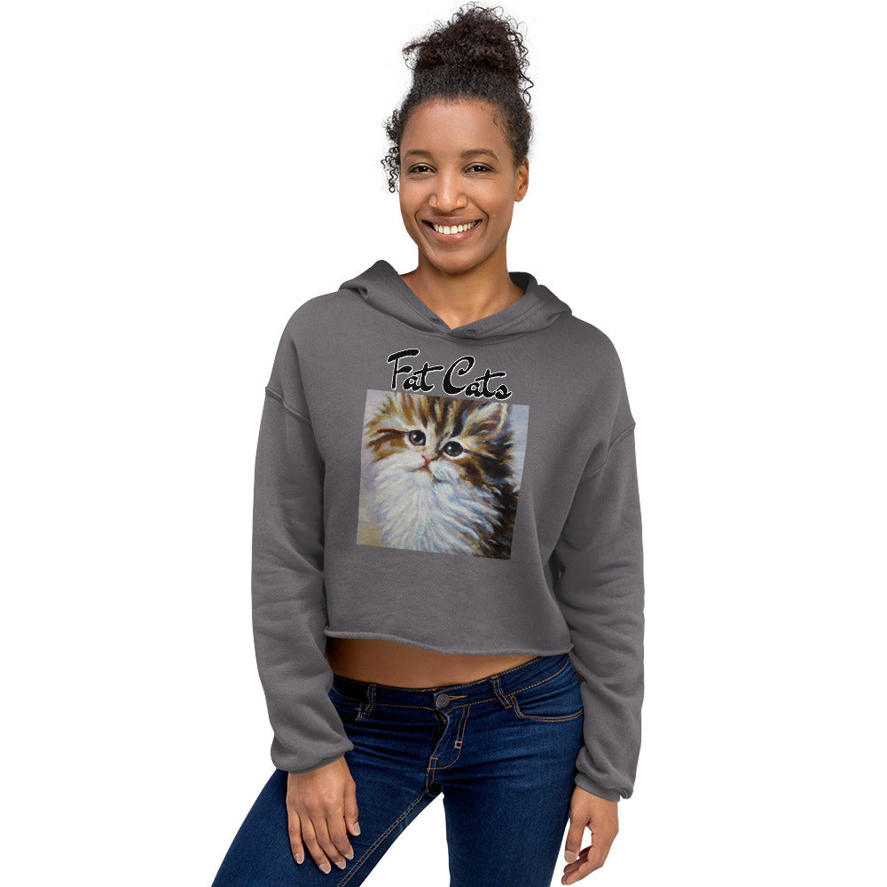 Women's Cropped Hoodie with Fluffy Wispy Kitten Oil Painting with text "Fat Cats" at $48.99 found at Personalizedpetlovergifts