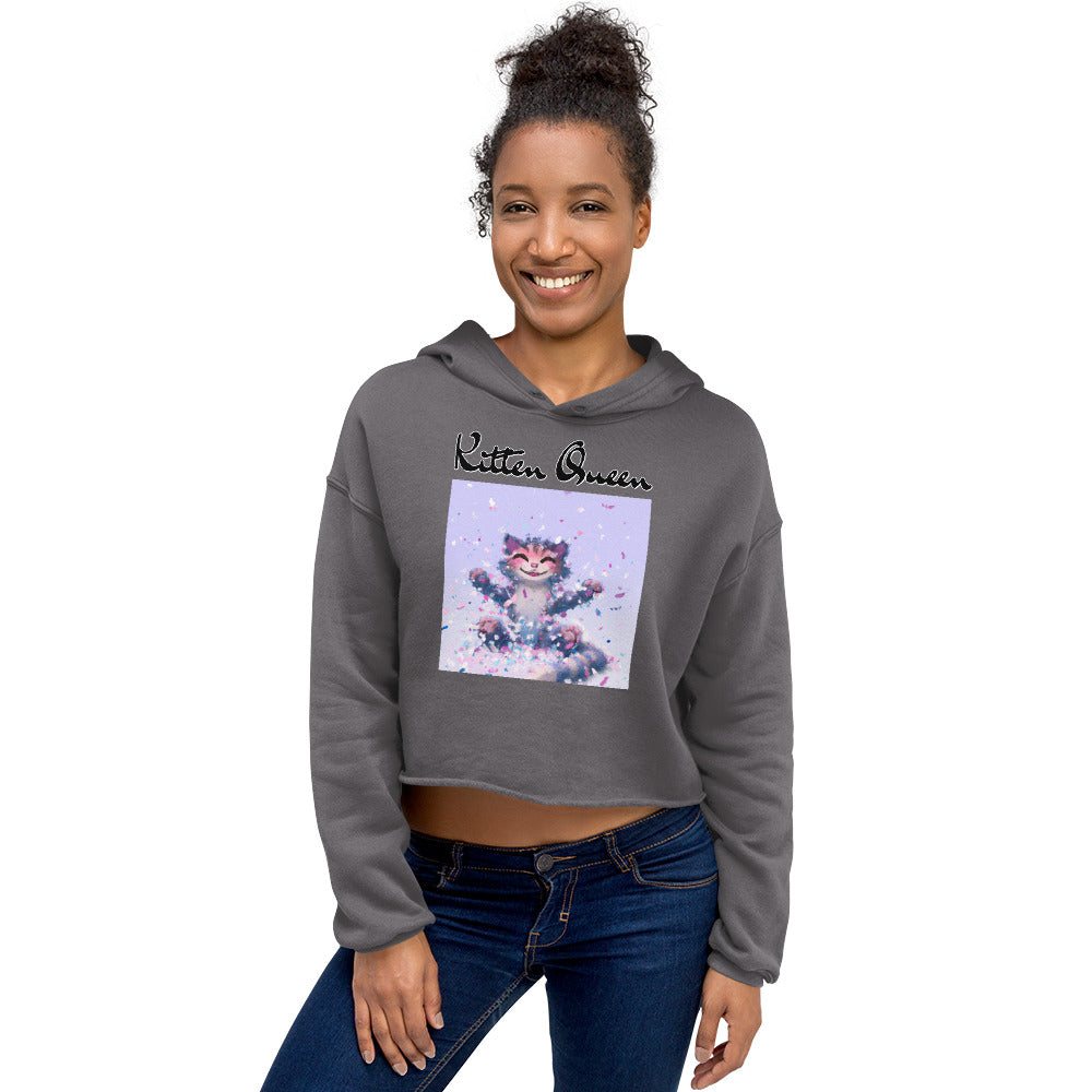 Women's Cropped Hoodie with Kitten Enjoying Confetti with text "Kitten Queen" at $48.99 found at Personalizedpetlovergifts