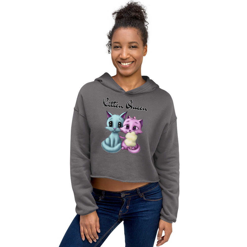 Women's Cropped Hoodie with Hugging Kittens With Cotton Candy with text "Kitten Queen" at $48.99 found at Personalizedpetlovergifts