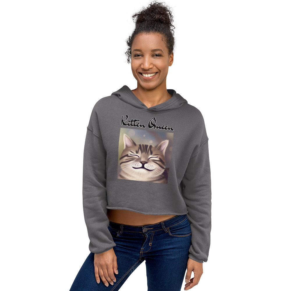 Women's Cropped Hoodie with Happy Cat Purring with text "Kitten Queen" at $48.99 found at Personalizedpetlovergifts