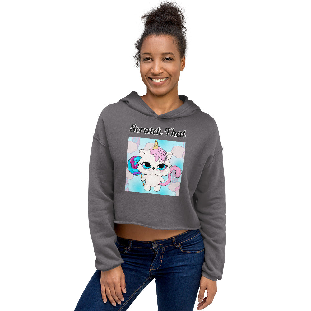 Women's Cropped Hoodie with text Unicorn Kitten With Lollipop with a text "Scratch That" at $48.99 found at Personalizedpetlovergifts