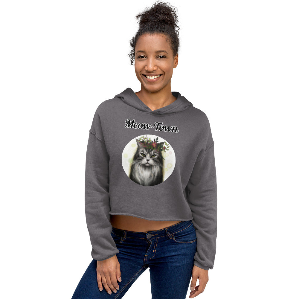 Women's Cropped Hoodie with text Wispy Haired Cat With Flowers with a text "Meow-Town" at $48.99 found at Personalizedpetlovergifts