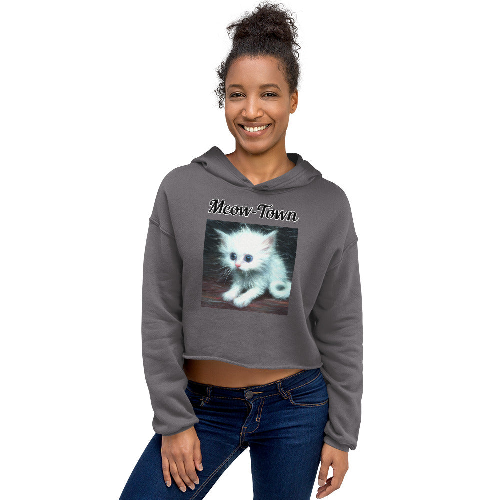 Women's Cropped Hoodie with text Wispy Furred Kitten with a text "Meow-Town" at $48.99 found at Personalizedpetlovergifts