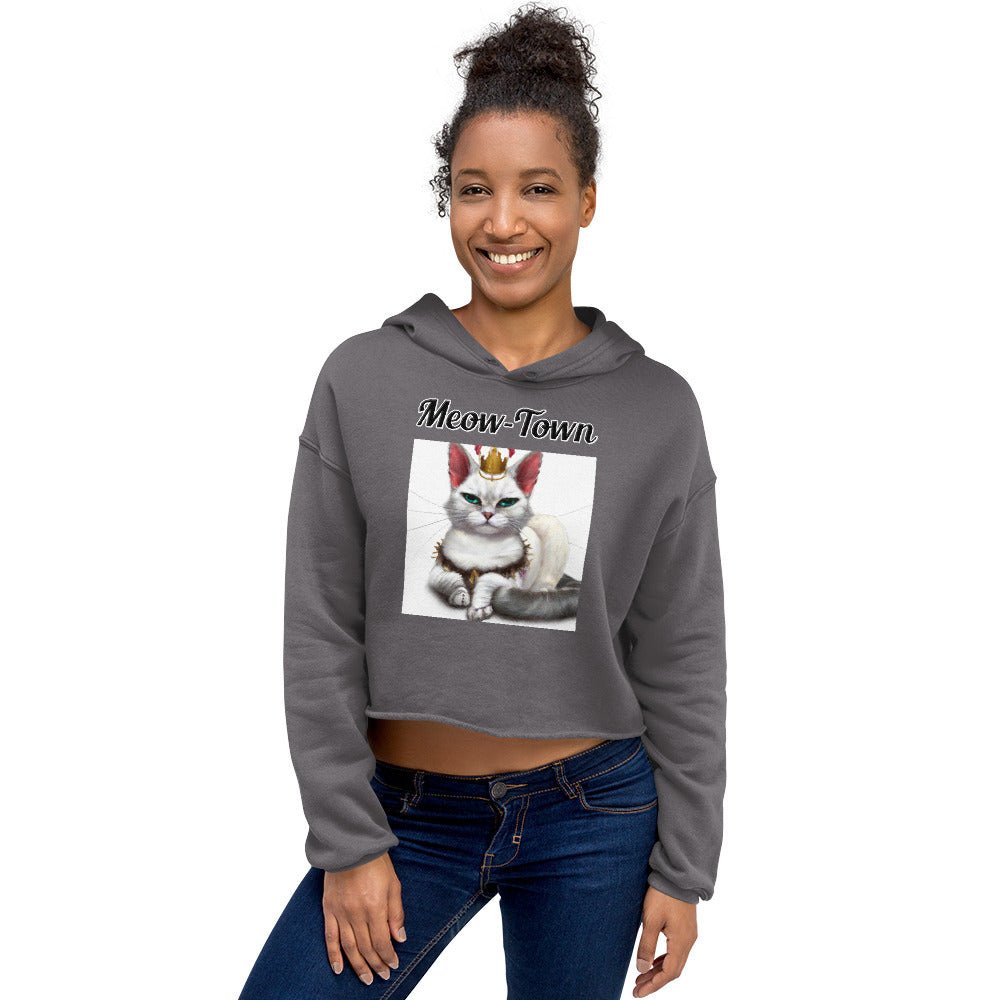 Women's Cropped Hoodie with text White Queen Cat with a text "Meow-Town" at $48.99 found at Personalizedpetlovergifts