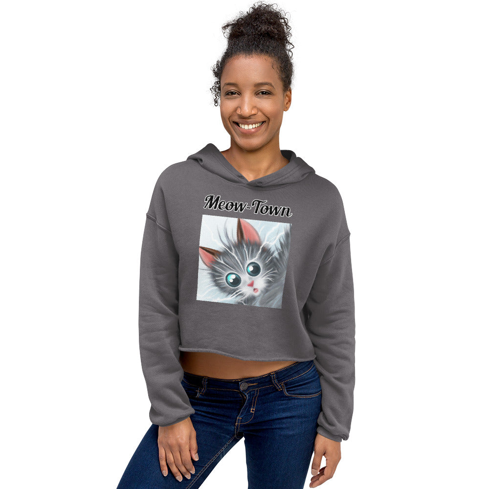 Women's Cropped Hoodie with text Surprised Gray Kitten with a text "Meow-Town" at $48.99 found at Personalizedpetlovergifts