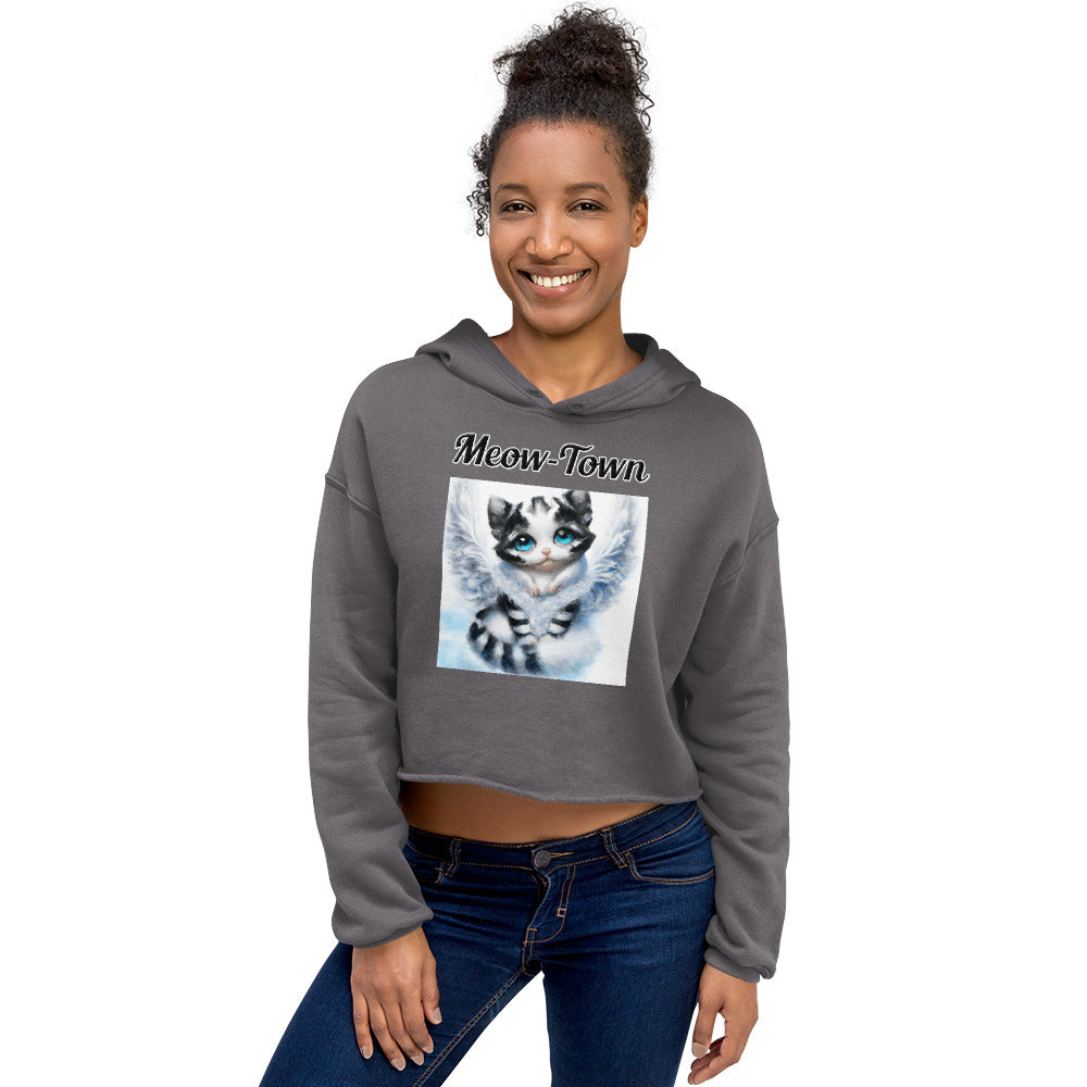 Women's Cropped Hoodie with text Striped Angel Kitten with a text "Meow-Town" at $48.99 found at Personalizedpetlovergifts