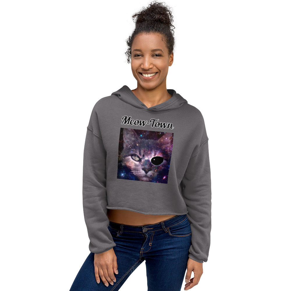 Women's Cropped Hoodie with text Space One Eyed Cat with a text "Meow-Town" at $48.99 found at Personalizedpetlovergifts