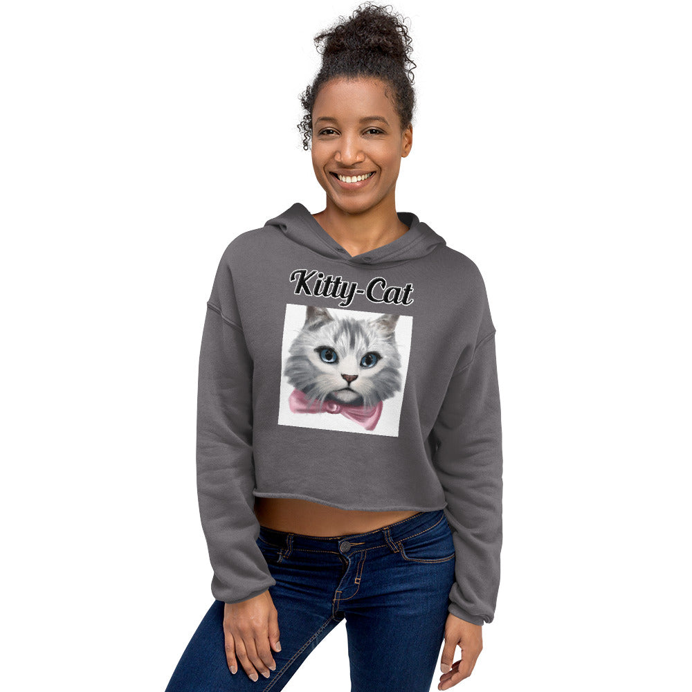 Women's Cropped Hoodie with text White Kitten With a Pink Bow with a text "Kitty-Cat" at $48.99 found at Personalizedpetlovergifts