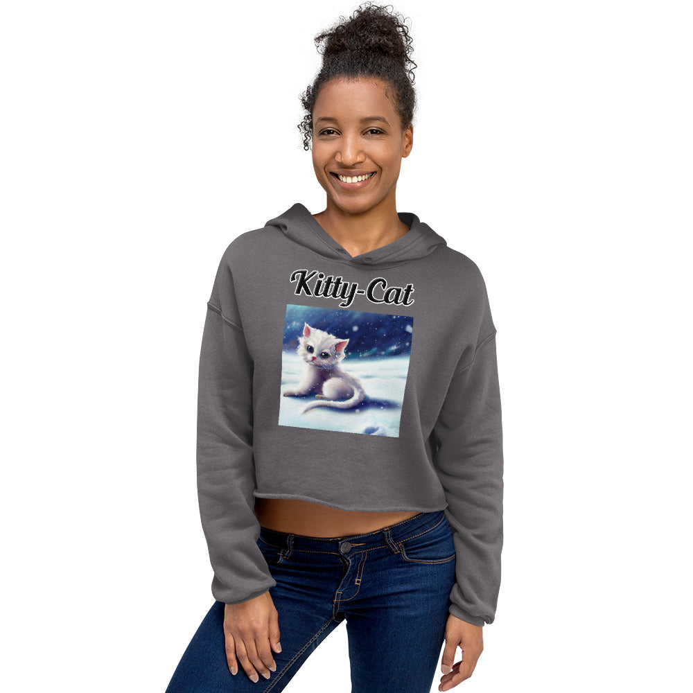 Women's Cropped Hoodie with text White Kitten In The Snow with a text "Kitty-Cat" at $48.99 found at Personalizedpetlovergifts