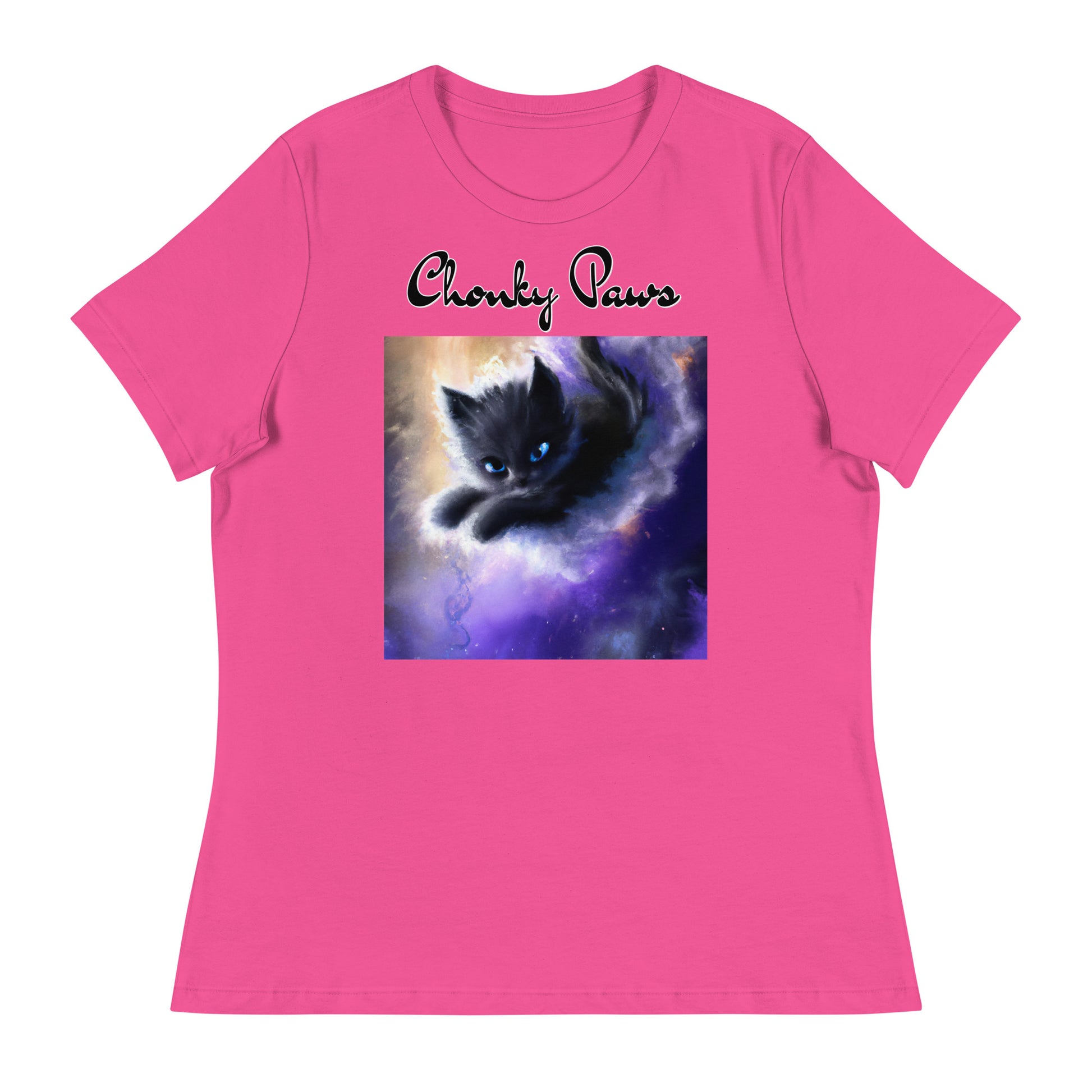 Women's T-Shirt with Kitten In A Cosmic Cloud with a text "Chonky Paws" at $25.97 found at Personalizedpetlovergifts