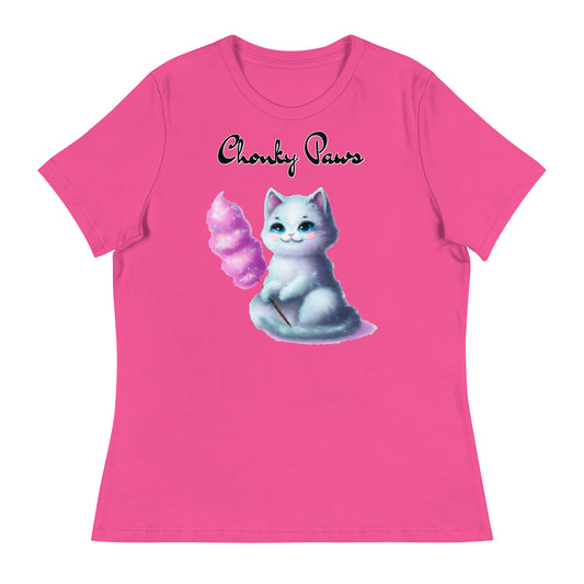 Women's T-Shirt with Kitten Holding A Cotton Candy with a text "Chonky Paws" at $25.97 found at Personalizedpetlovergifts