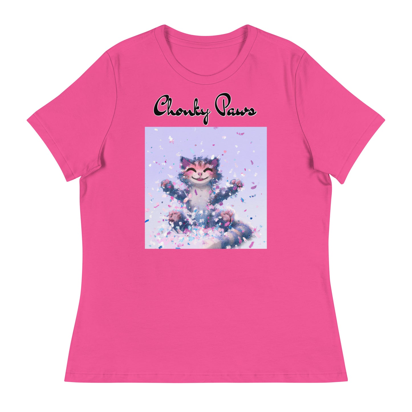 Women's T-Shirt with Kitten Enjoying Confetti with a text "Chonky Paws" at $25.97 found at Personalizedpetlovergifts