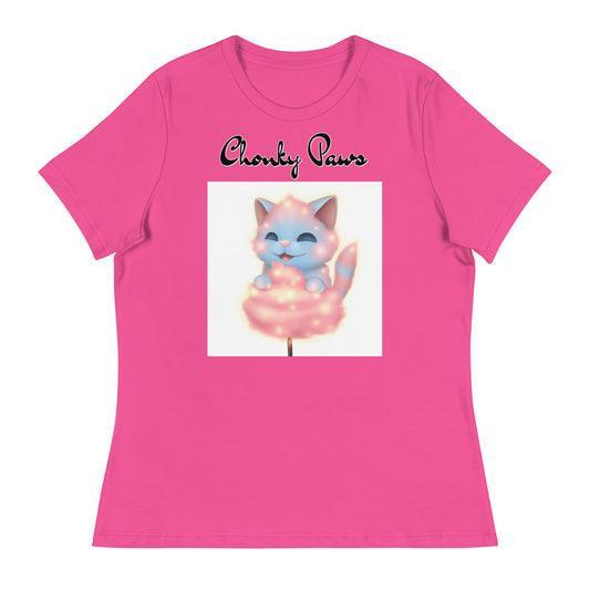 Women's T-Shirt with Kitten Enjoying a Cotton Candy with a text "Chonky Paws" at $25.97 found at Personalizedpetlovergifts