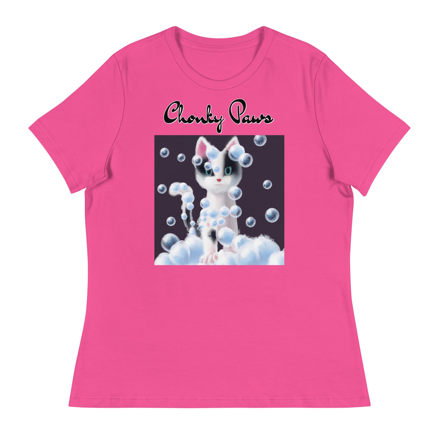 Women's T-Shirt with Kitten Covered In Bubbles with a text "Chonky Paws" at $25.97 found at Personalizedpetlovergifts