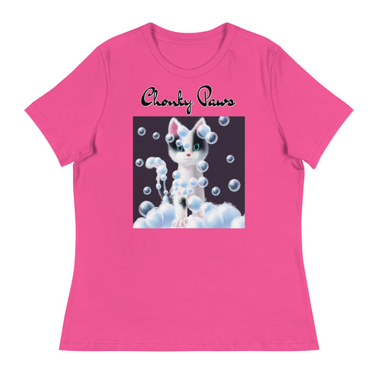 Women's T-Shirt with Kitten Covered In Bubbles with a text "Chonky Paws" at $25.97 found at Personalizedpetlovergifts