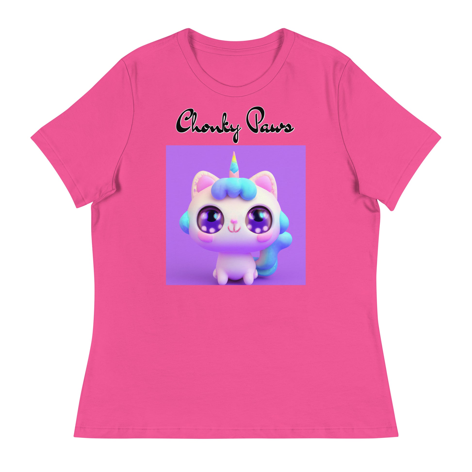 Women's T-Shirt with Happy Unicorn Kitten with a text "Chonky Paws" at $25.97 found at Personalizedpetlovergifts