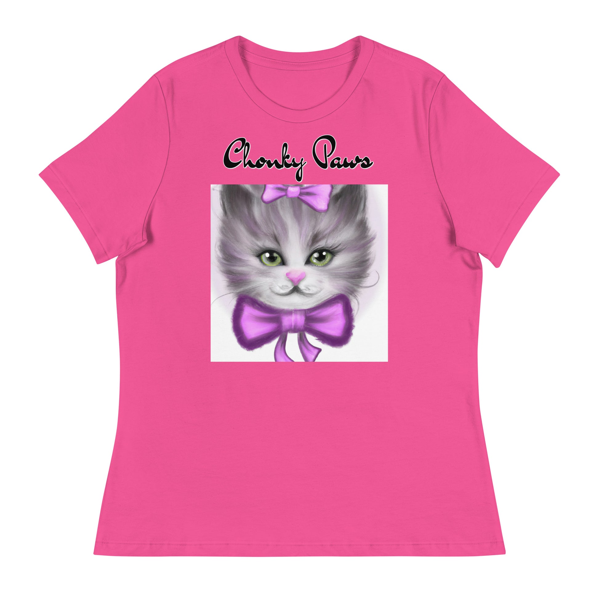 Women's T-Shirt with Happy Kitten With a Purple Bow with a text "Chonky Paws" at $25.97 found at Personalizedpetlovergifts