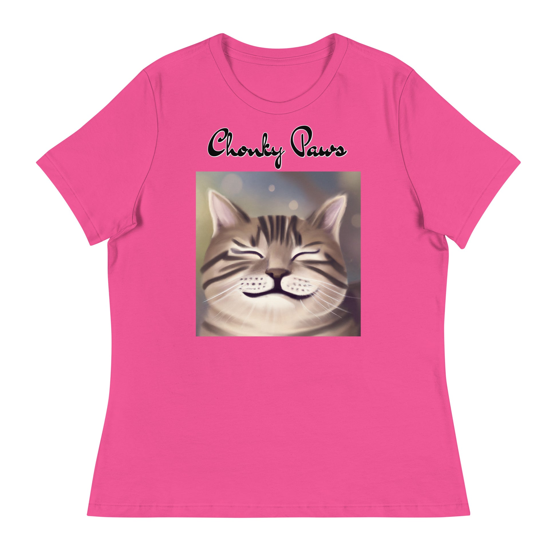 Women's T-Shirt with Happy Cat Purring with a text "Chonky Paws" at $25.97 found at Personalizedpetlovergifts