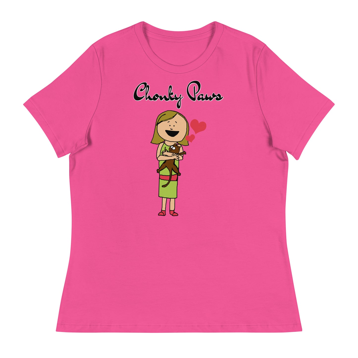 Women's T-Shirt with Girl Holding a Kitten with a text "Chonky Paws" at $25.97 found at Personalizedpetlovergifts