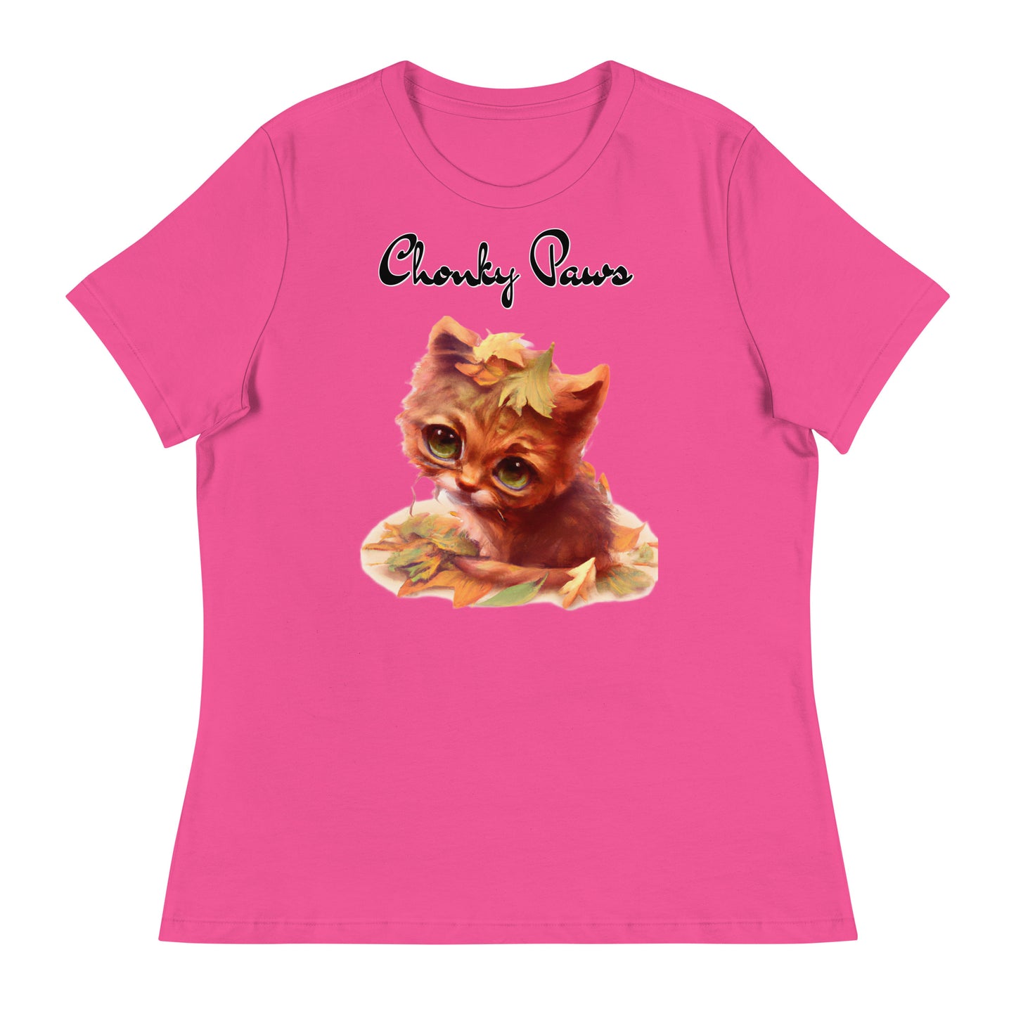 Women's T-Shirt with Ginger Cat With Autumn Leaves with a text "Chonky Paws" at $25.97 found at Personalizedpetlovergifts