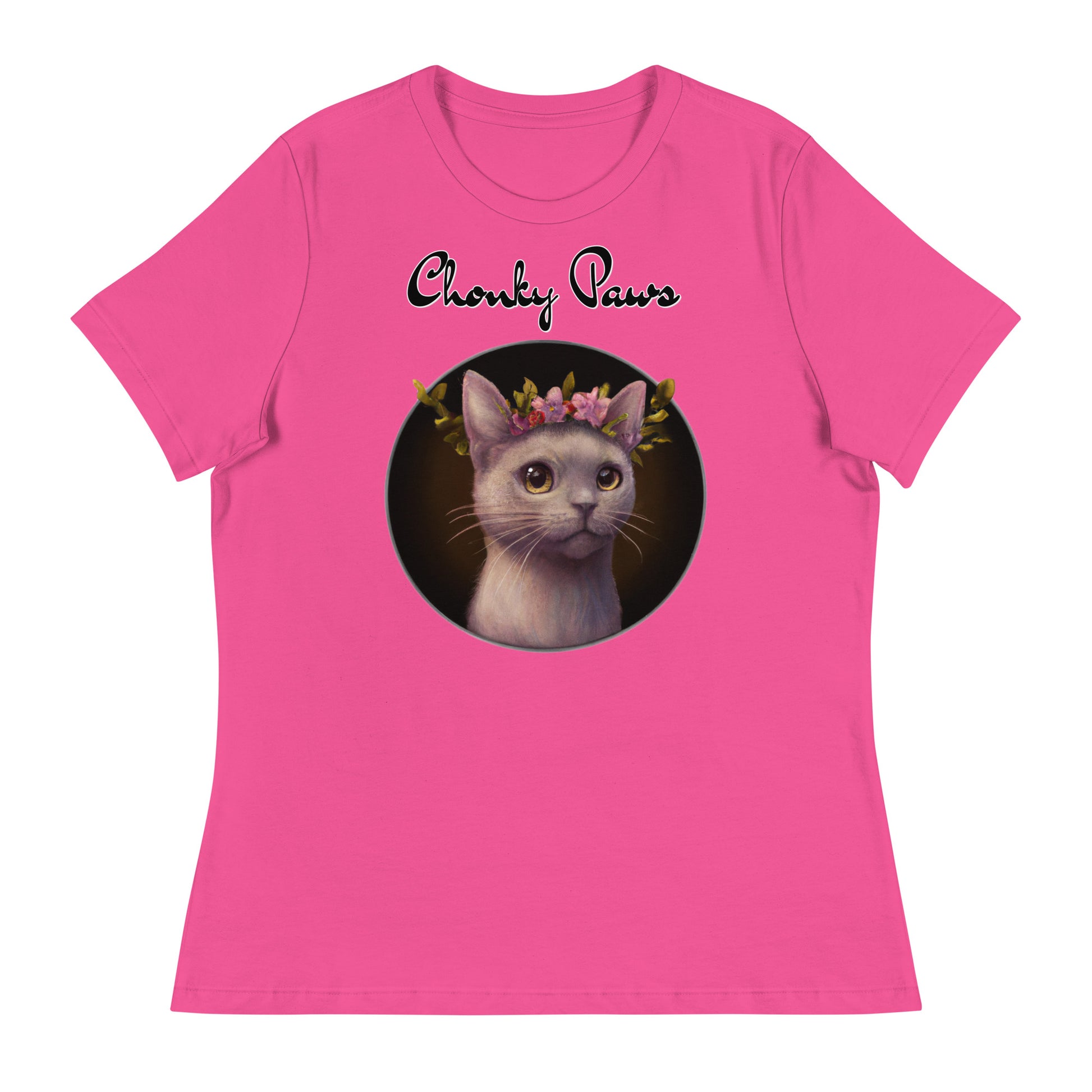 Women's T-Shirt with Gentle Cat With Pink Floral Headpiece with a text "Chonky Paws" at $25.97 found at Personalizedpetlovergifts