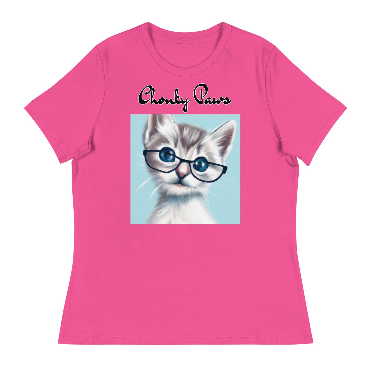 Women's T-Shirt with Fluffy Kitten With Glasses with a text "Chonky Paws" at $25.97 found at Personalizedpetlovergifts