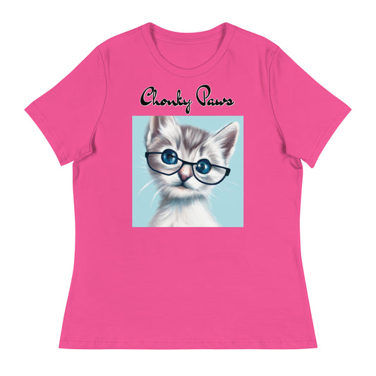 Women's T-Shirt with Fluffy Kitten With Glasses with a text "Chonky Paws" at $25.97 found at Personalizedpetlovergifts