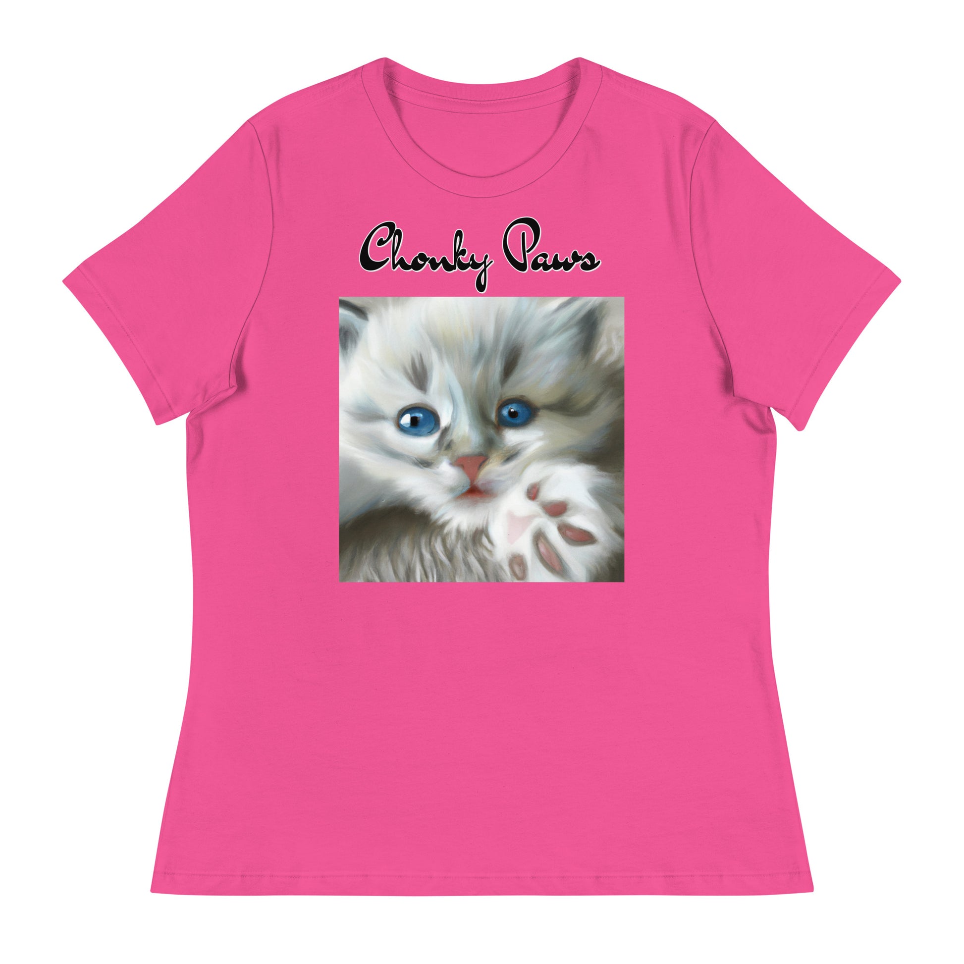 Women's T-Shirt with Fluffy Kitten With Fluffy Paw with a text "Chonky Paws" at $25.97 found at Personalizedpetlovergifts