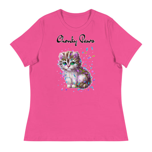 Women's T-Shirt with Fluffy Kitten With Confetti with a text "Chonky Paws" at $25.97 found at Personalizedpetlovergifts