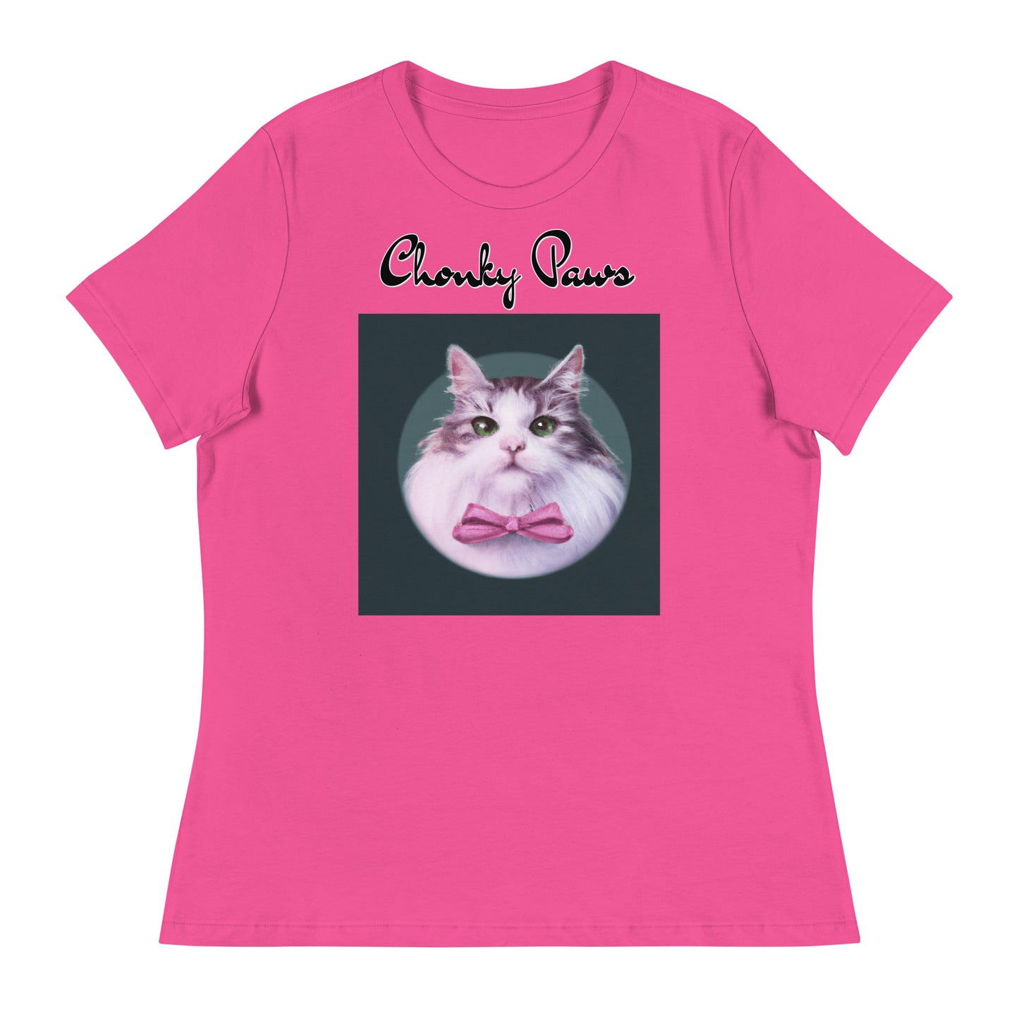 Women's T-Shirt with Fluffy Kitten With a Pink Bow with a text "Chonky Paws" at $25.97 found at Personalizedpetlovergifts