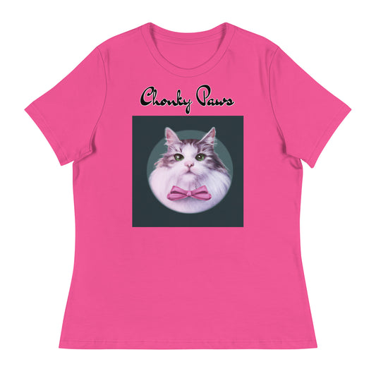 Women's T-Shirt with Fluffy Kitten With a Pink Bow with a text "Chonky Paws" at $25.97 found at Personalizedpetlovergifts