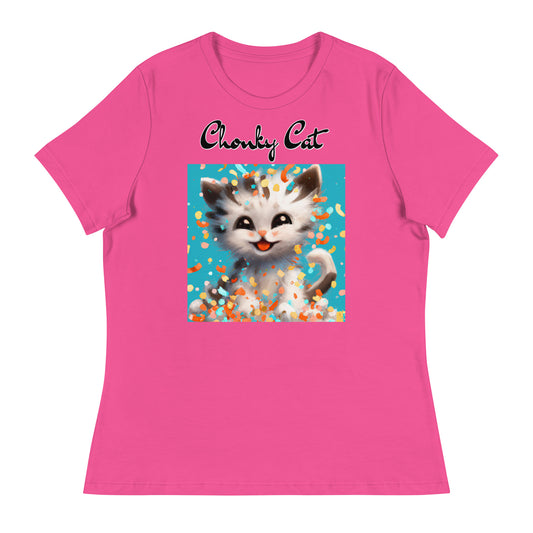 Women's T-Shirt with Happy Kitten With Confetti with a text "Chonky Cat" at $25.97 found at Personalizedpetlovergifts