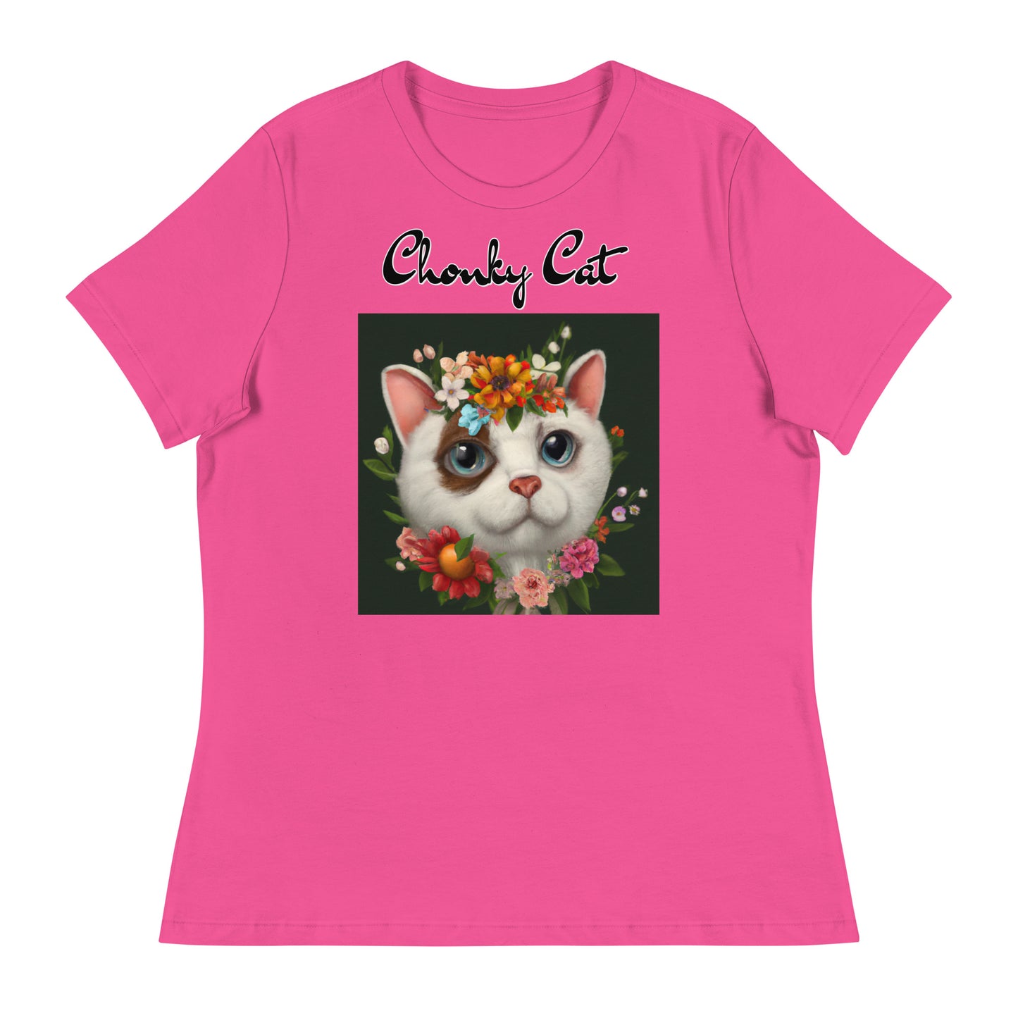 Women's T-Shirt with Happy Cat Portrait With Flowers with a text "Chonky Cat" at $25.97 found at Personalizedpetlovergifts