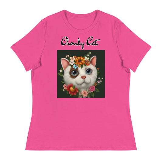 Women's T-Shirt with Happy Cat Portrait With Flowers with a text "Chonky Cat" at $25.97 found at Personalizedpetlovergifts