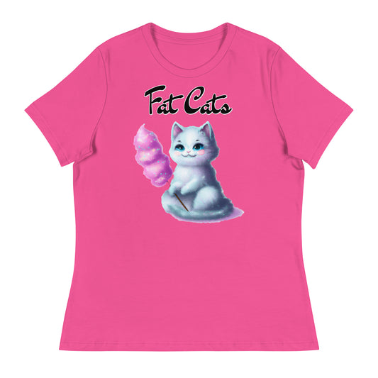 Women's T-Shirt with Kitten Holding A Cotton Candy with a text "Fat Cats" at $25.97 found at Personalizedpetlovergifts