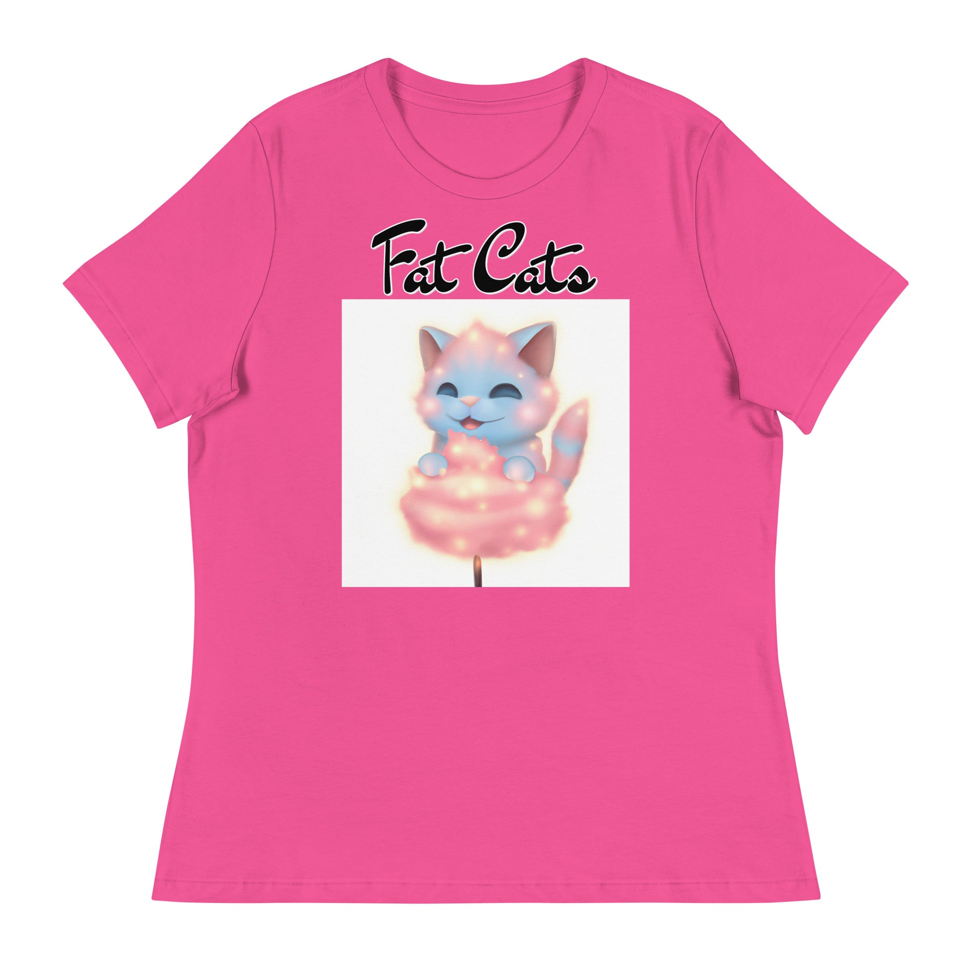 Women's T-Shirt with Kitten Enjoying a Cotton Candy with a text "Fat Cats" at $25.97 found at Personalizedpetlovergifts