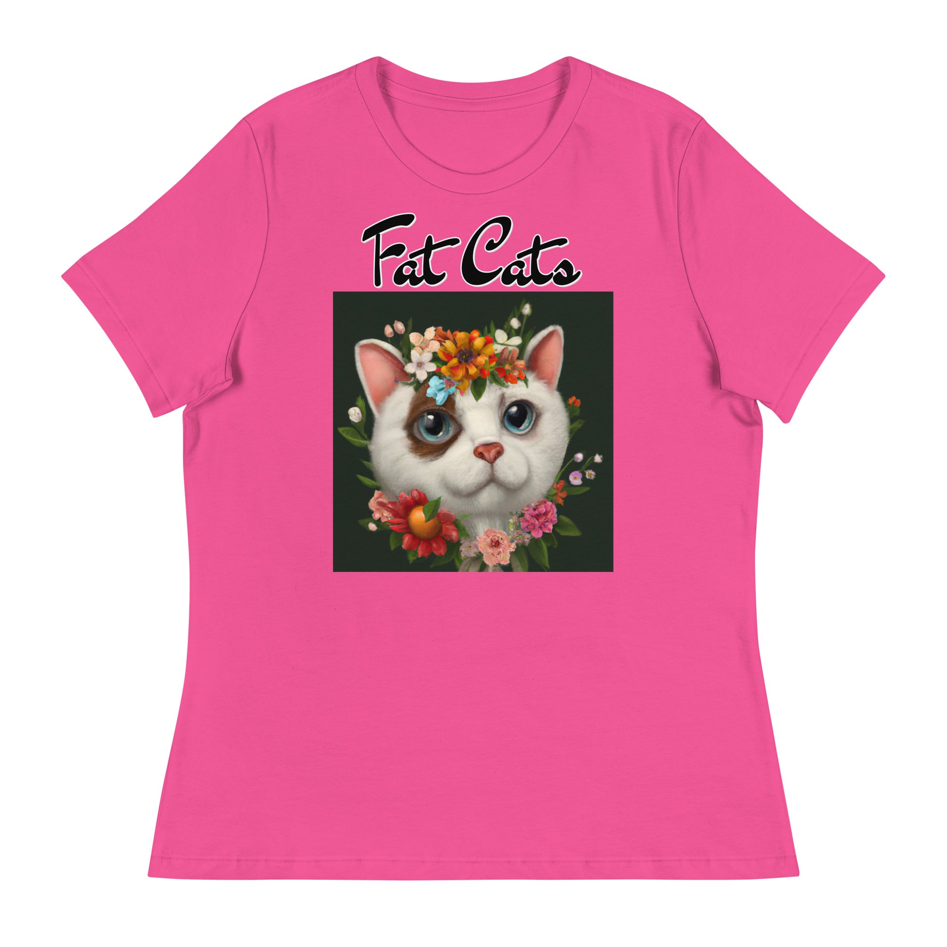 Women's T-Shirt with Happy Cat Portrait With Flowers with a text "Fat Cats" at $25.97 found at Personalizedpetlovergifts