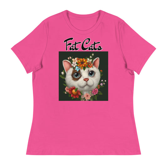 Women's T-Shirt with Happy Cat Portrait With Flowers with a text "Fat Cats" at $25.97 found at Personalizedpetlovergifts