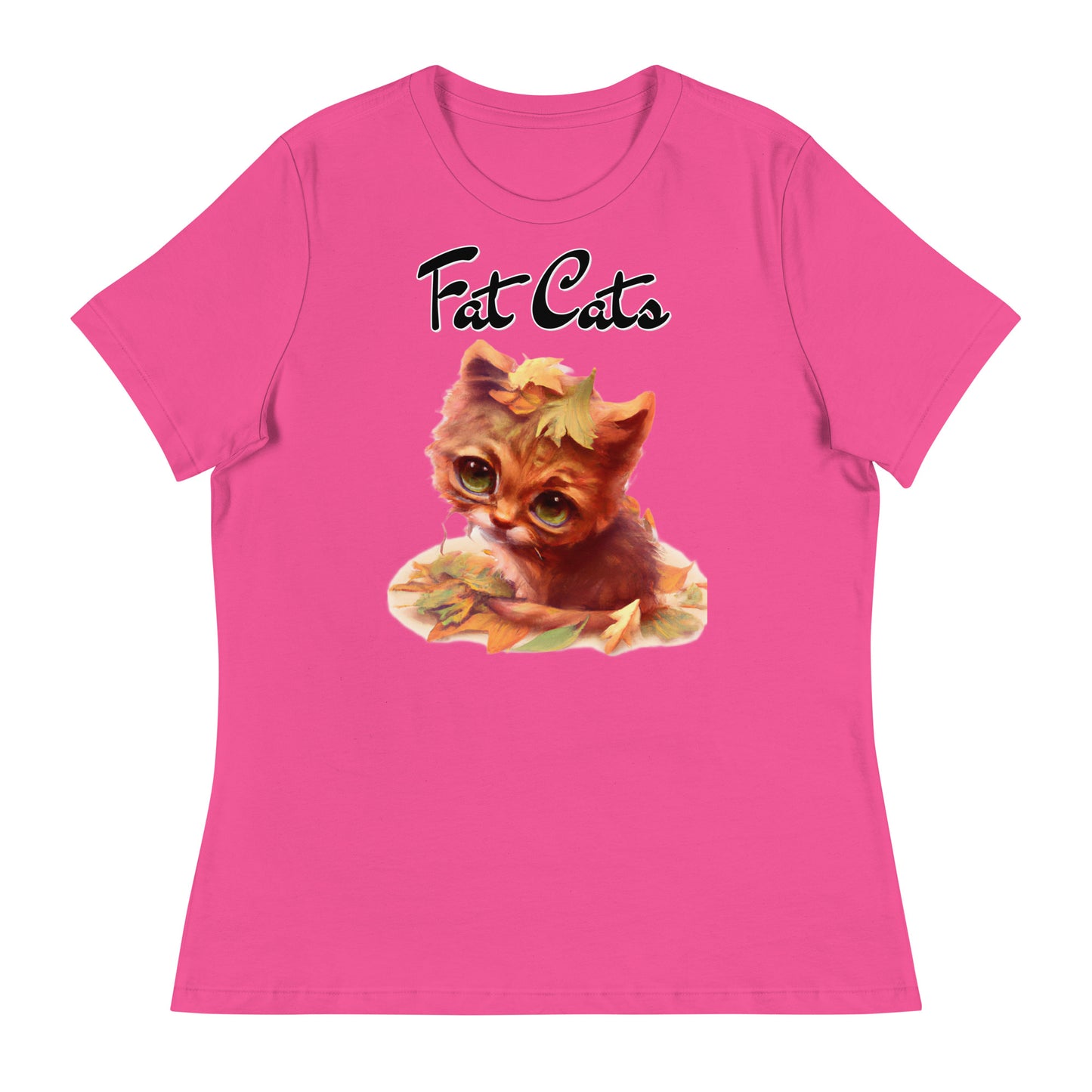 Women's T-Shirt with Ginger Cat With Autumn Leaves with a text "Fat Cats" at $25.97 found at Personalizedpetlovergifts