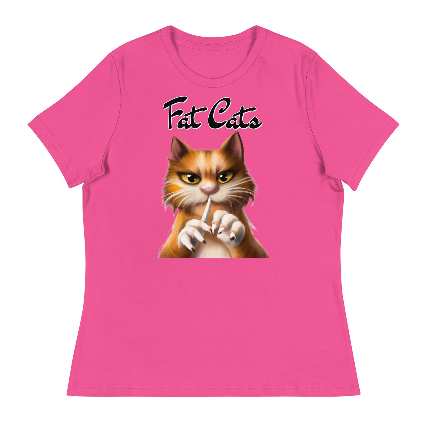 Women's T-Shirt with Ginger Cat Filing Its Nails with a text "Fat Cats" at $25.97 found at Personalizedpetlovergifts