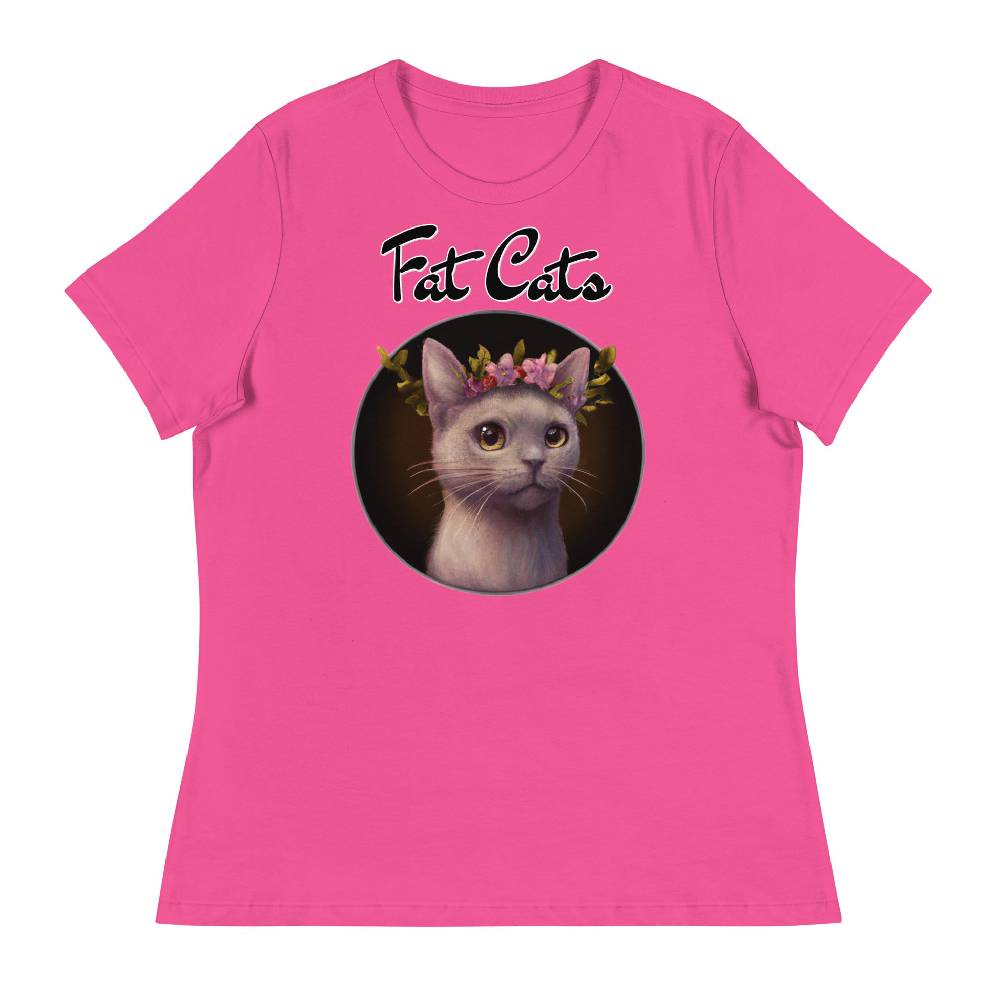 Women's T-Shirt with Gentle Cat With Pink Floral Headpiece with a text "Fat Cats" at $25.97 found at Personalizedpetlovergifts