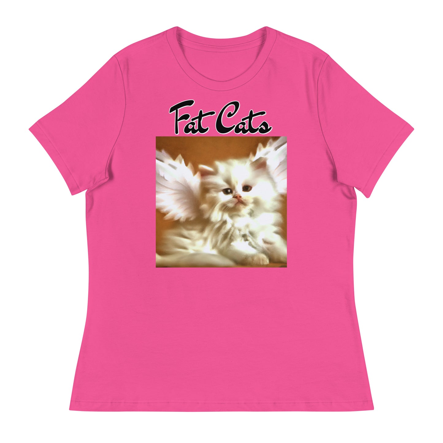 Women's T-Shirt with Fluffy White Kitten With Angel Wings with a text "Fat Cats" at $25.97 found at Personalizedpetlovergifts