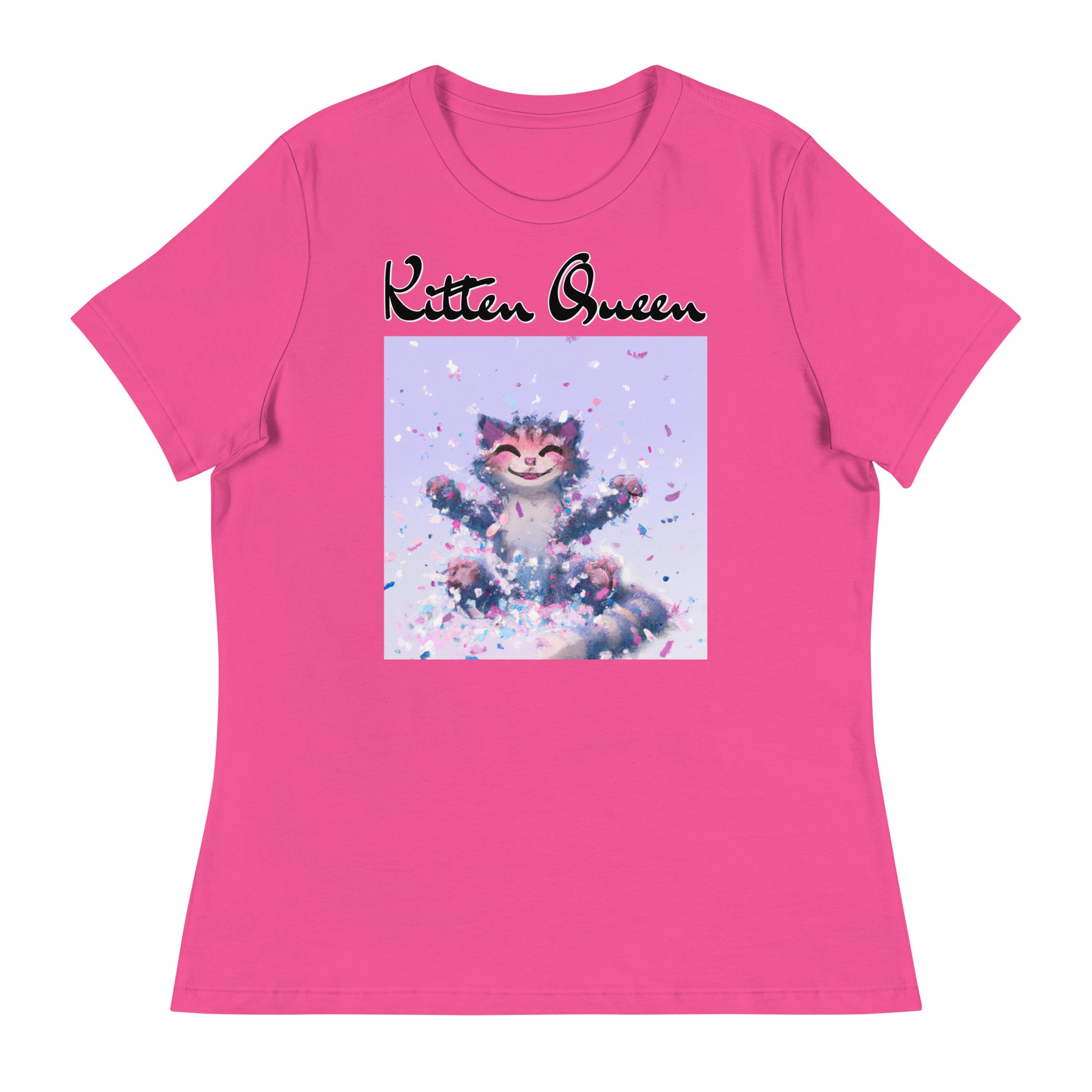 Women's T-Shirt with Kitten Enjoying Confetti with a text "Kitten Queen" at $25.97 found at Personalizedpetlovergifts