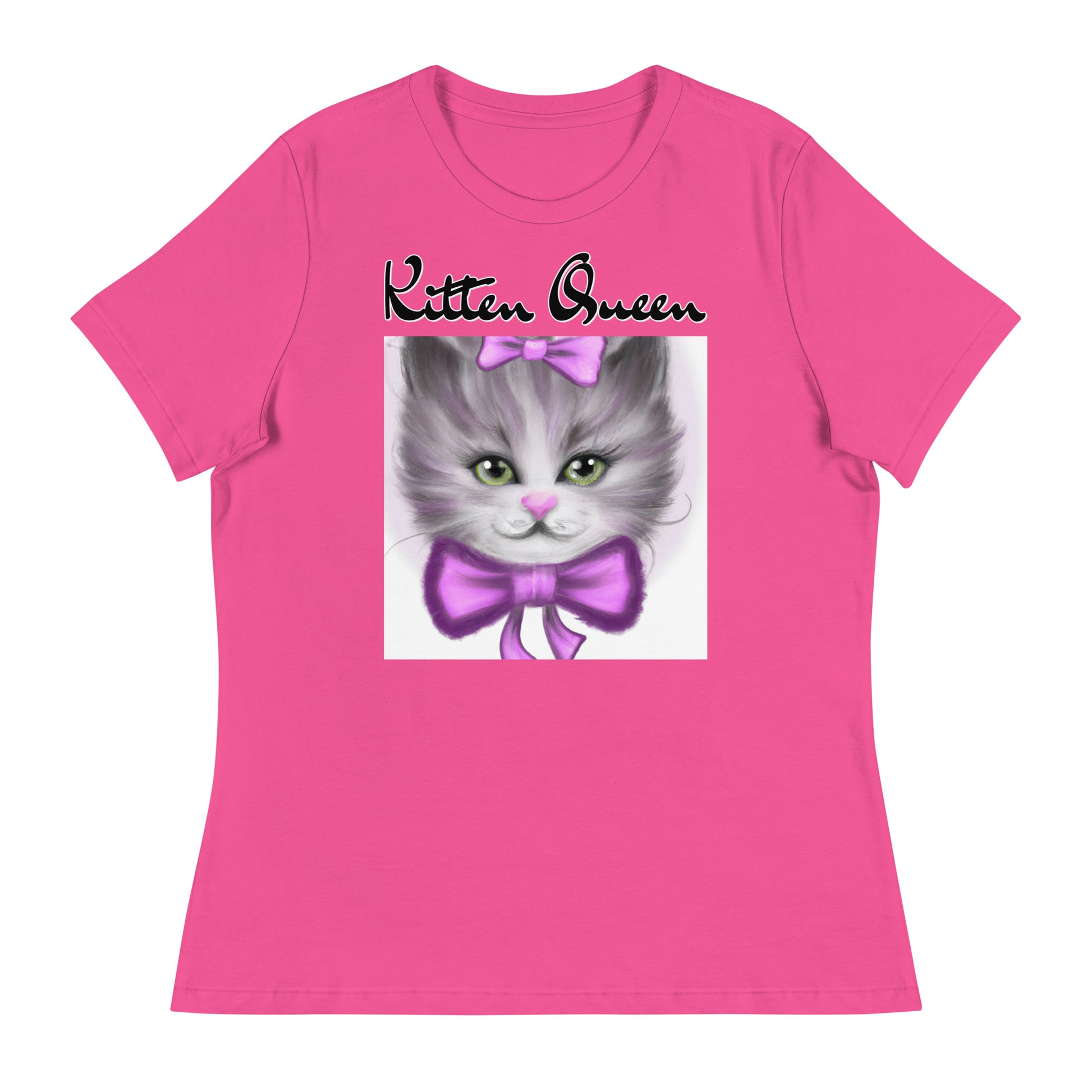 Women's T-Shirt with Happy Kitten With a Purple Bow with a text "Kitten Queen" at $25.97 found at Personalizedpetlovergifts