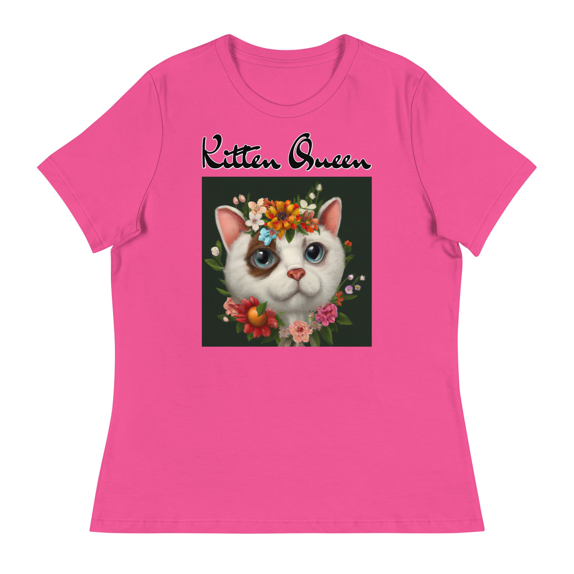 Women's T-Shirt with Happy Cat Portrait With Flowers with a text "Kitten Queen" at $25.97 found at Personalizedpetlovergifts