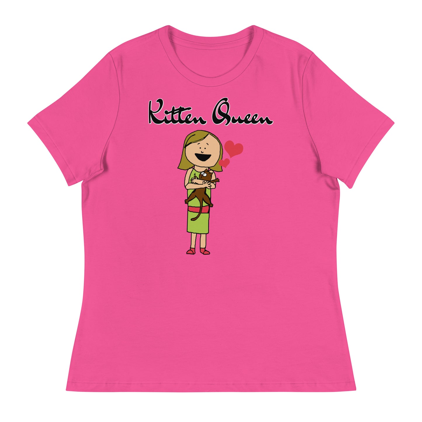 Women's T-Shirt with Girl Holding a Kitten with a text "Kitten Queen" at $25.97 found at Personalizedpetlovergifts