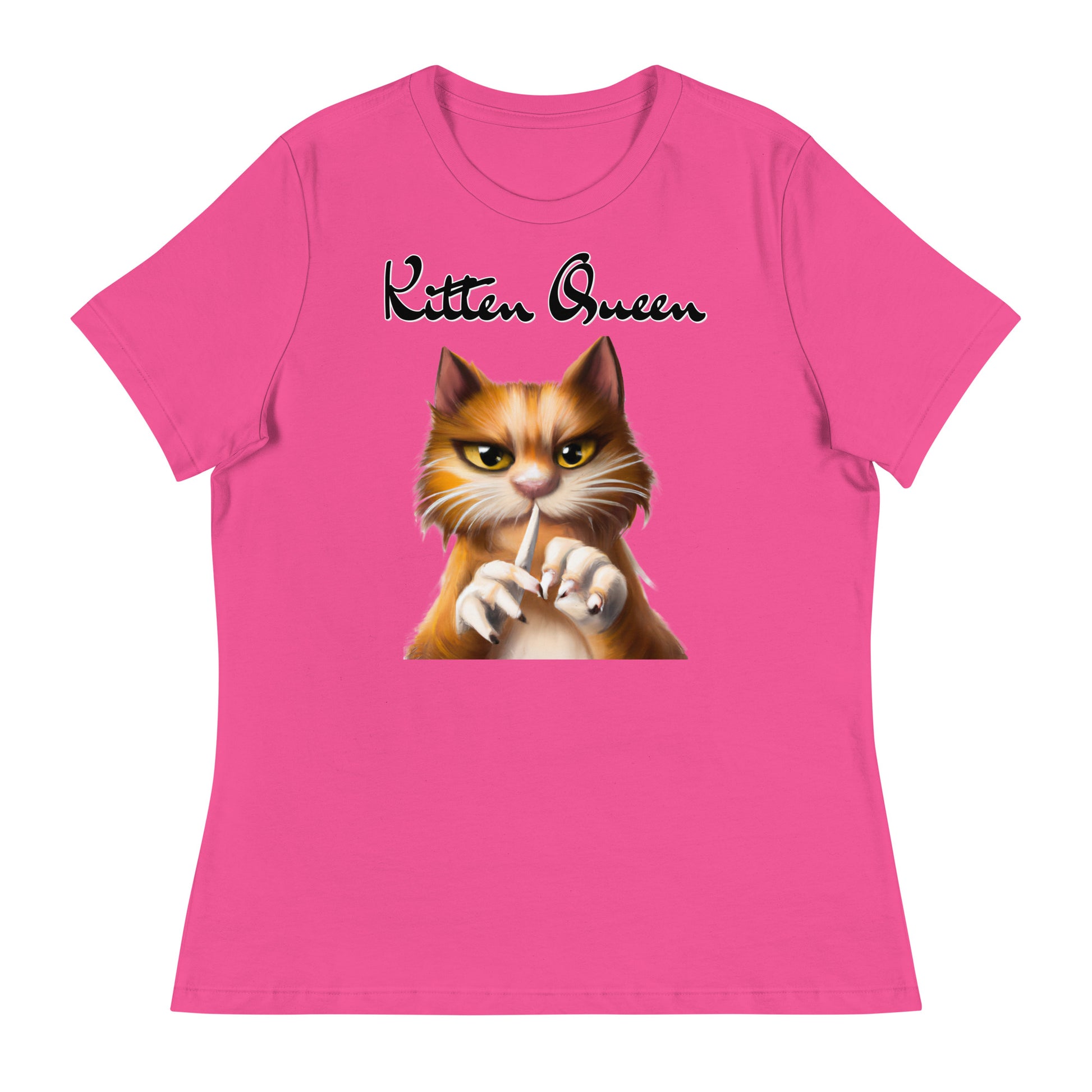 Women's T-Shirt with Ginger Cat Filing Its Nails with a text "Kitten Queen" at $25.97 found at Personalizedpetlovergifts