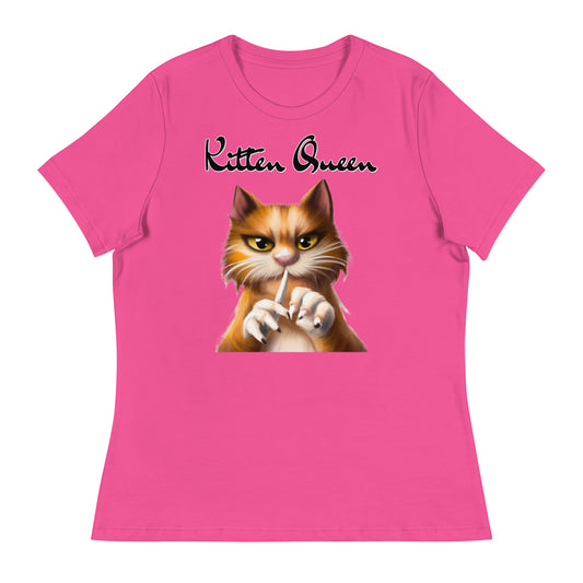 Women's T-Shirt with Ginger Cat Filing Its Nails with a text "Kitten Queen" at $25.97 found at Personalizedpetlovergifts