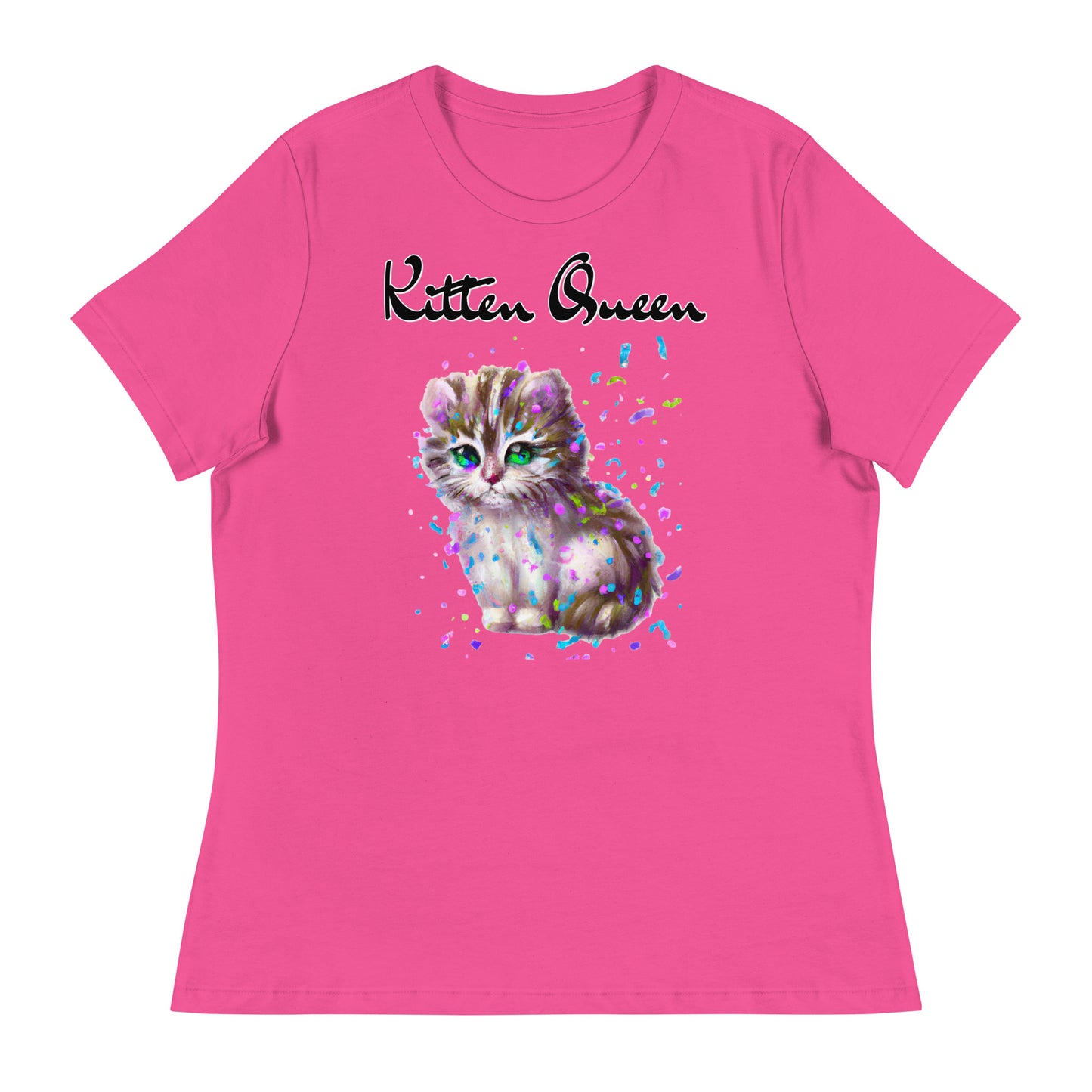 Women's T-Shirt with Fluffy Kitten With Confetti with a text "Kitten Queen" at $25.97 found at Personalizedpetlovergifts